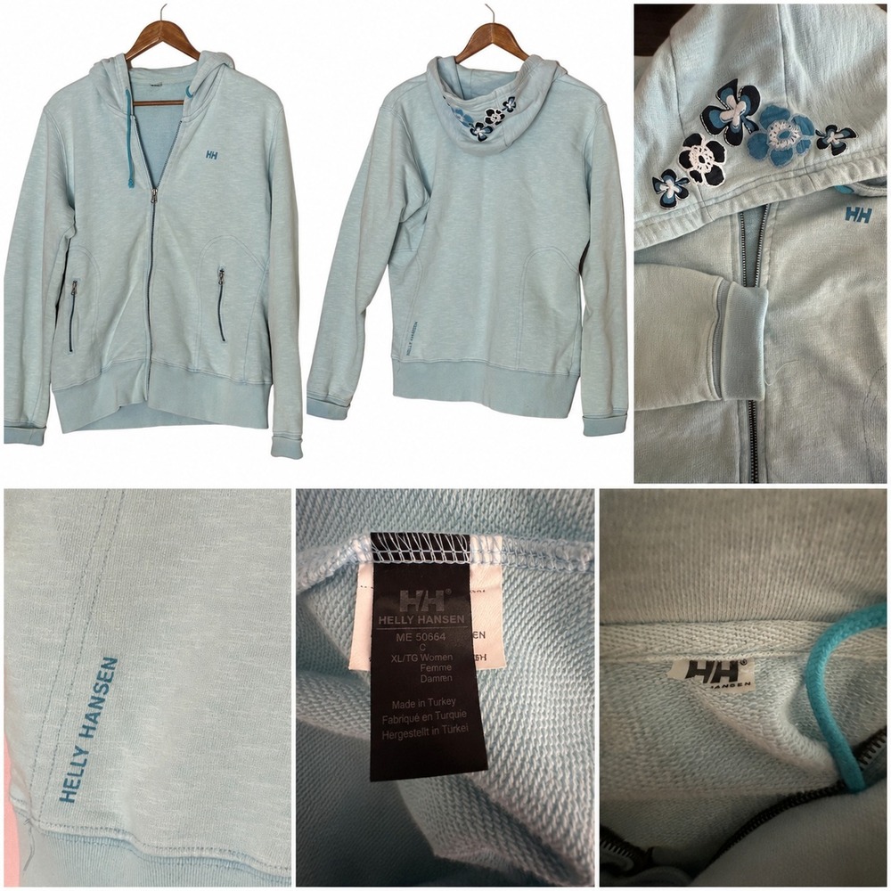 Helly Hansen Women's Blue Zip Hoodie Floral Hood Y2K Athleisure Full Zip XL